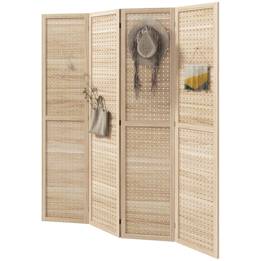 HOMCOM 4-Panel Room Divider: 5.6ft Tall Indoor Wood Portable Folding Privacy Screens with Hole Hooks, Natural | Dipra Home