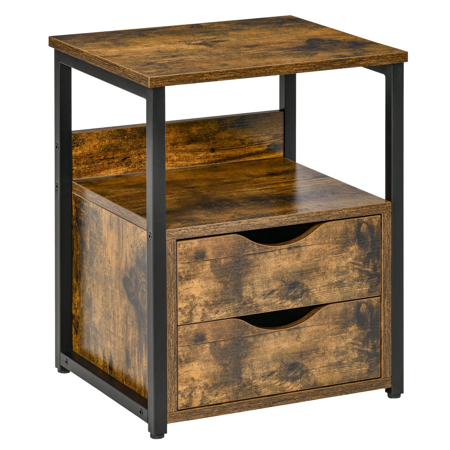 HOMCOM Rustic End Table: Industrial Accent Side Table with 2 Drawers, Storage Shelf, Nightstand for Living Room, Bedroom, Rustic Brown | Dipra Home