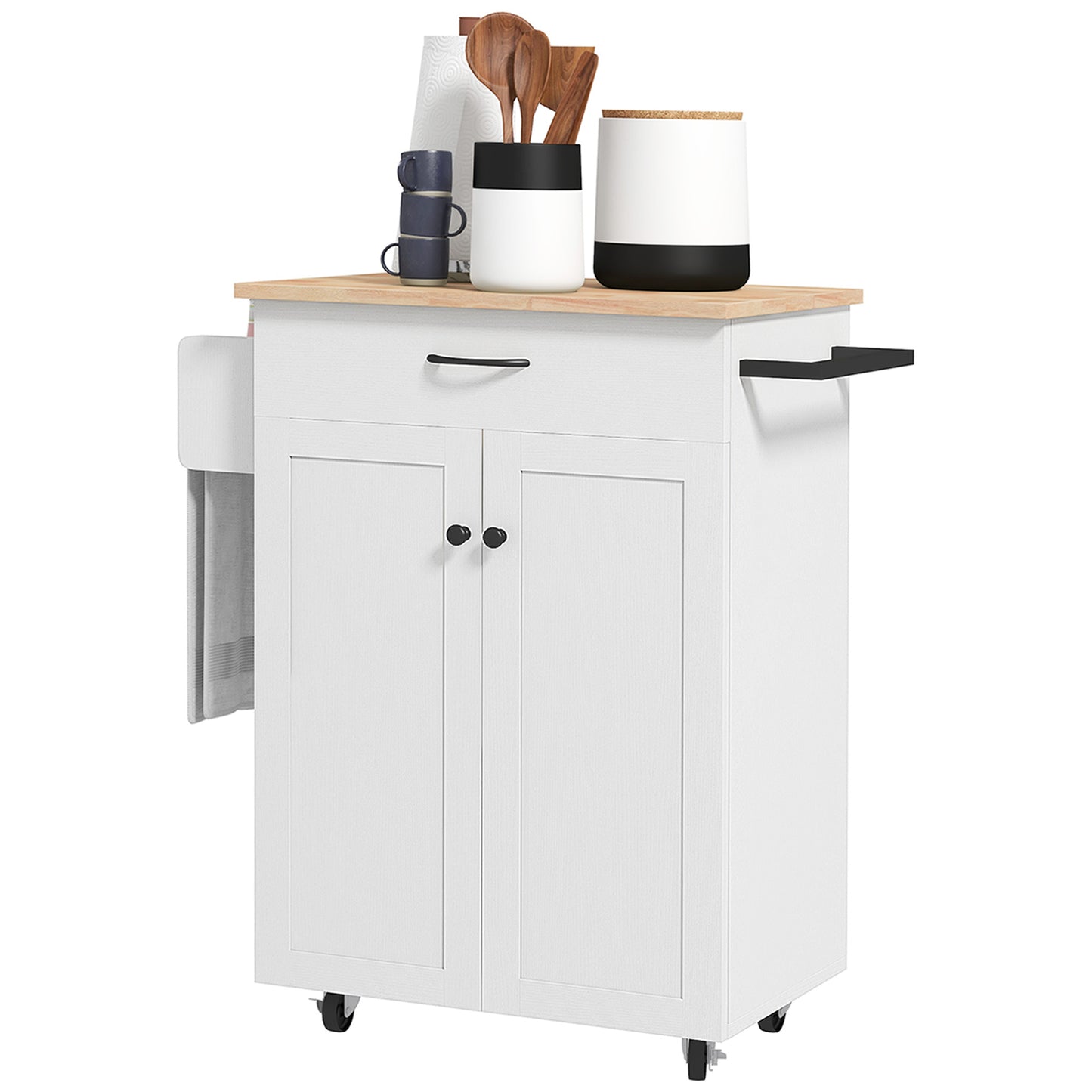 HOMCOM Distressed White Movable Meal Prep Partner: Rolling Kitchen Island Cart, Drawer, Natural Wood Top, Towel Rack, Door Cabinet | Dipra Home