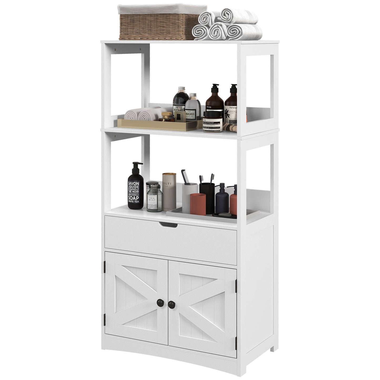 Kleankin Farmhouse Linen Cabinet: White Bathroom Storage with Drawer, Shelves & Rustic Charm | Dipra Home