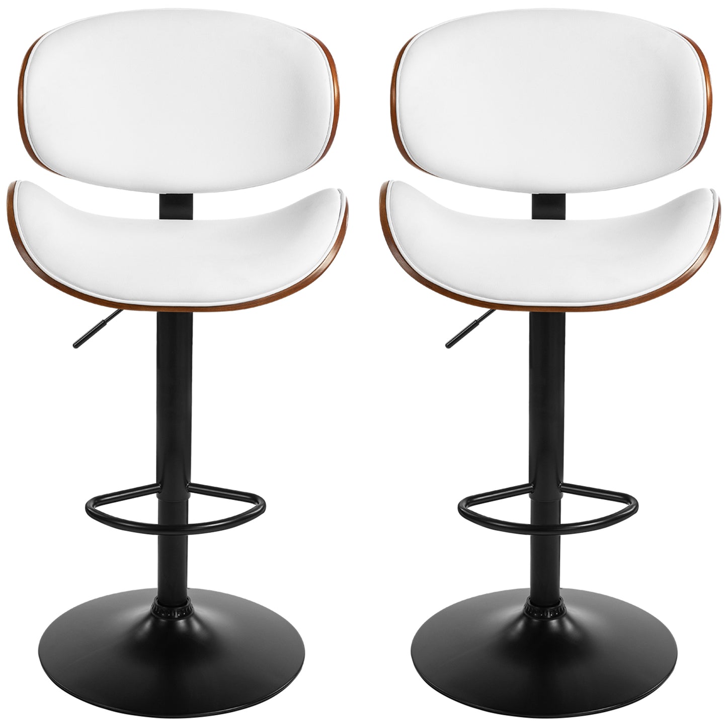 HOMCOM Bar Stools Set of 2, Modern PU Leather Adjustable Swivel Barstools with Curved Back, Footrest and Steel Base, White | Dipra Home