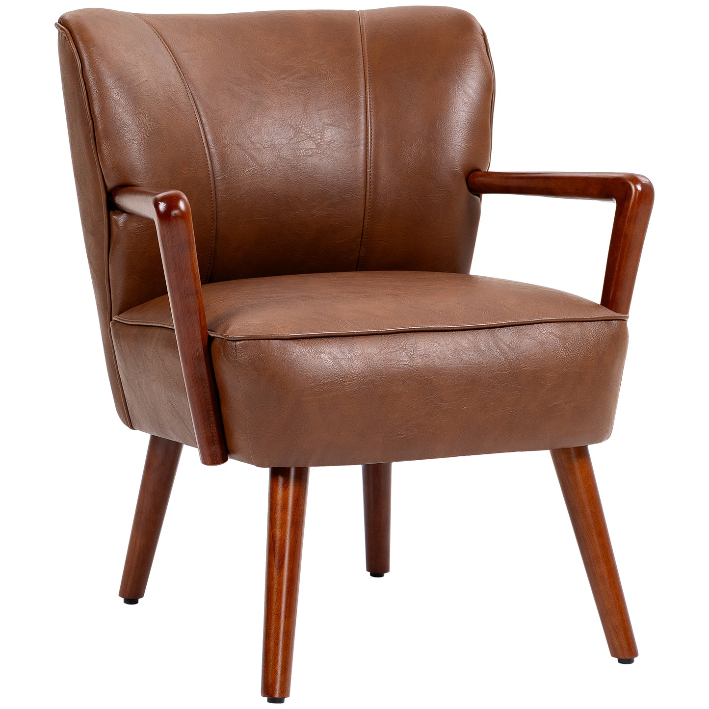 HOMCOM Accent Chair, Modern Armchair, Faux Leather Upholstered Living Room Chair with Wood Legs and Wide Padded Seat, Brown | Dipra Home