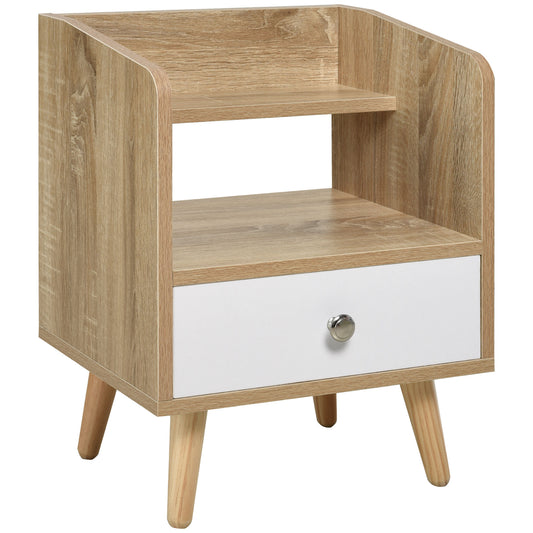 HOMCOM Bedside Table: 2-Tier Shelf, Drawer, Side End Table, Storage Unit, Natural Finish, Bedroom/Living Room | Dipra Home