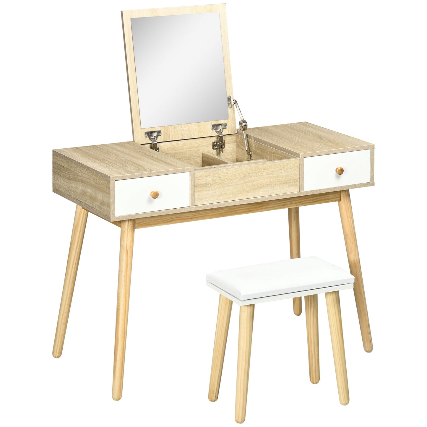 HOMCOM Dressing Table Set Flip Top Mirror Cushioned Stool Makeup Vanity Desk Natural Finish for Bedroom | Dipra Home