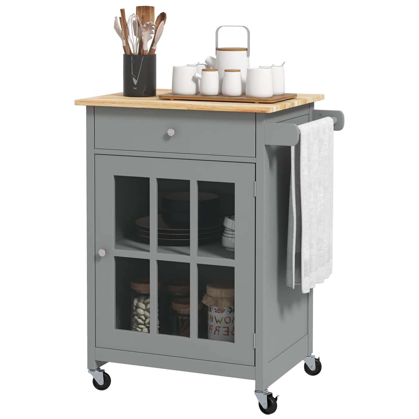 HOMCOM 26.4"x18.9"x34.1", Rolling Kitchen Cart with Drawer, 3-level Adjustable Shelf Kitchen Island on Wheels, with Towel Rack, Grey | Dipra Home