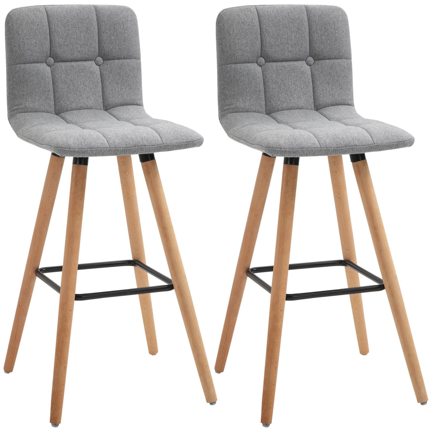 HOMCOM Modern Upholstered Stools: Set of 2 38" Kitchen Island Stools with Backrest, Steel Footrest, Solid Wood Legs, Grey Finish | Dipra Home