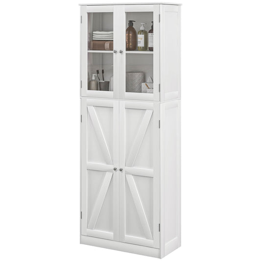 HOMCOM Tall Bathroom Storage Cabinet, Modern Bathroom Cabinet with Glass and Barn Doors, 5-Tier Floor Cabinet, White | Dipra Home