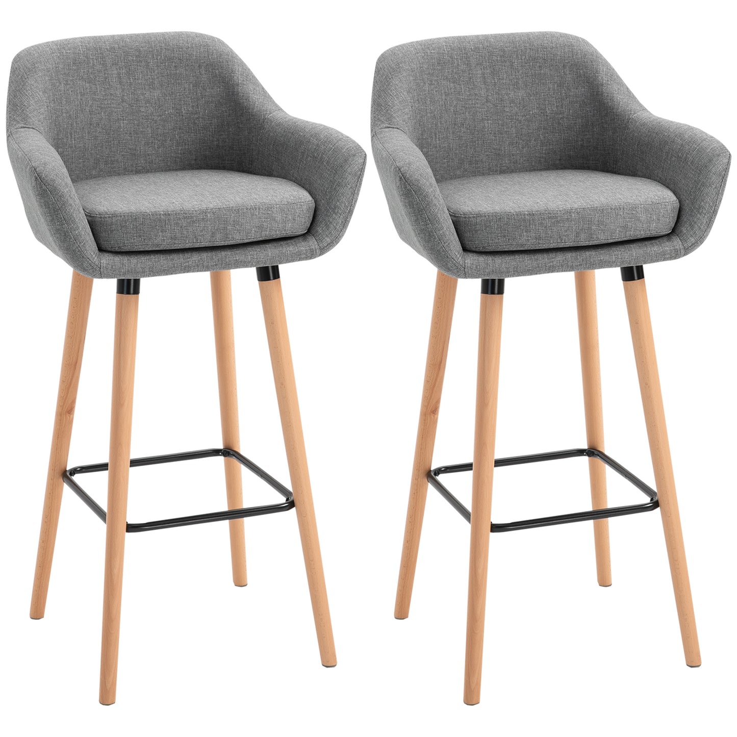 HOMCOM Modern Bar Stools Set of 2, 31.5" Barstools with Linen Fabric and Solid Wood Legs, Backrest and Footrest, Grey | Dipra Home