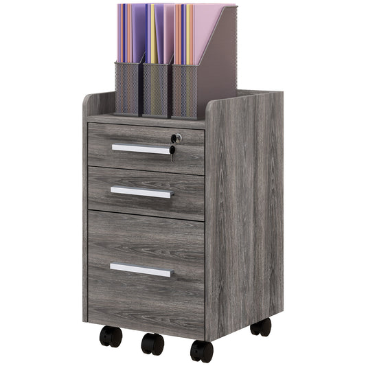 HOMCOM 3 Drawer Vertical Mobile Filing Cabinet with Lock and Wheels for A4 Letter Size Grey | Dipra Home