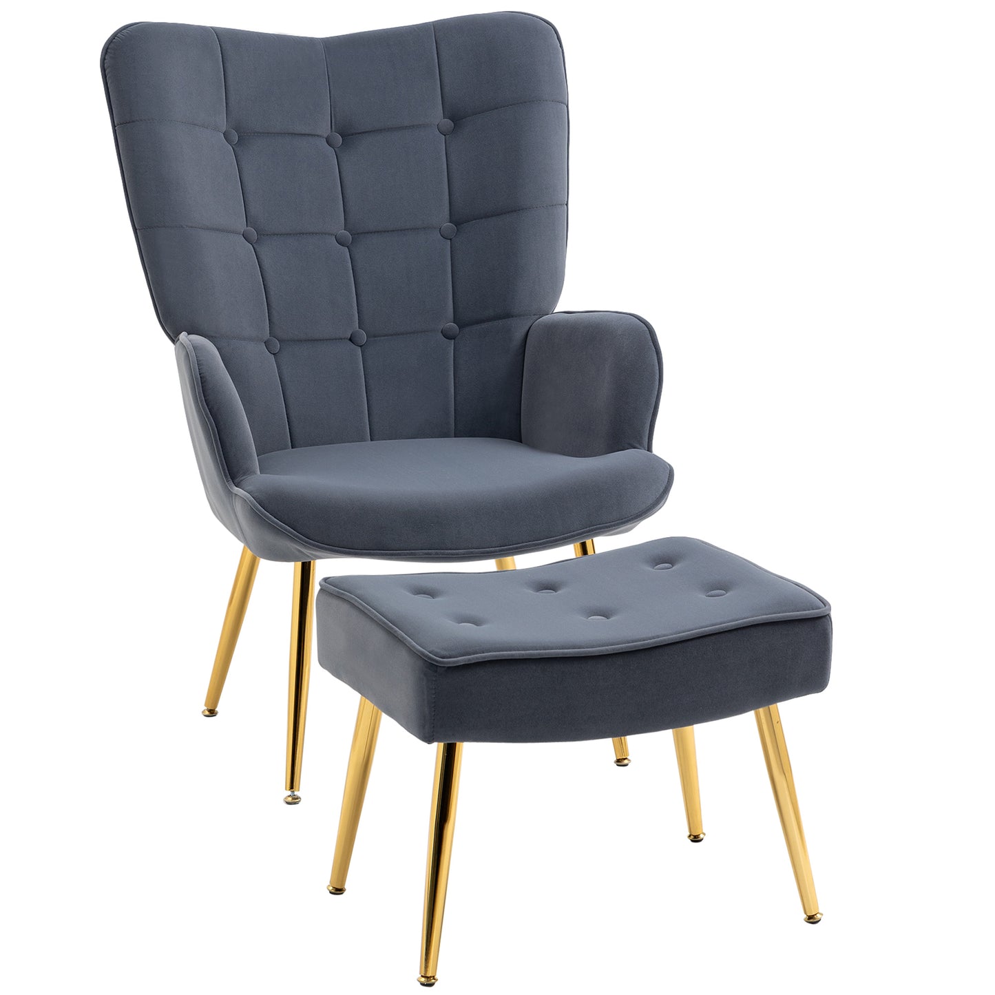 HOMCOM Modern Relaxation: Dark Grey Upholstered Armchair with Ottoman, Gold Metal Legs for Bedroom or Living Room | Dipra Home