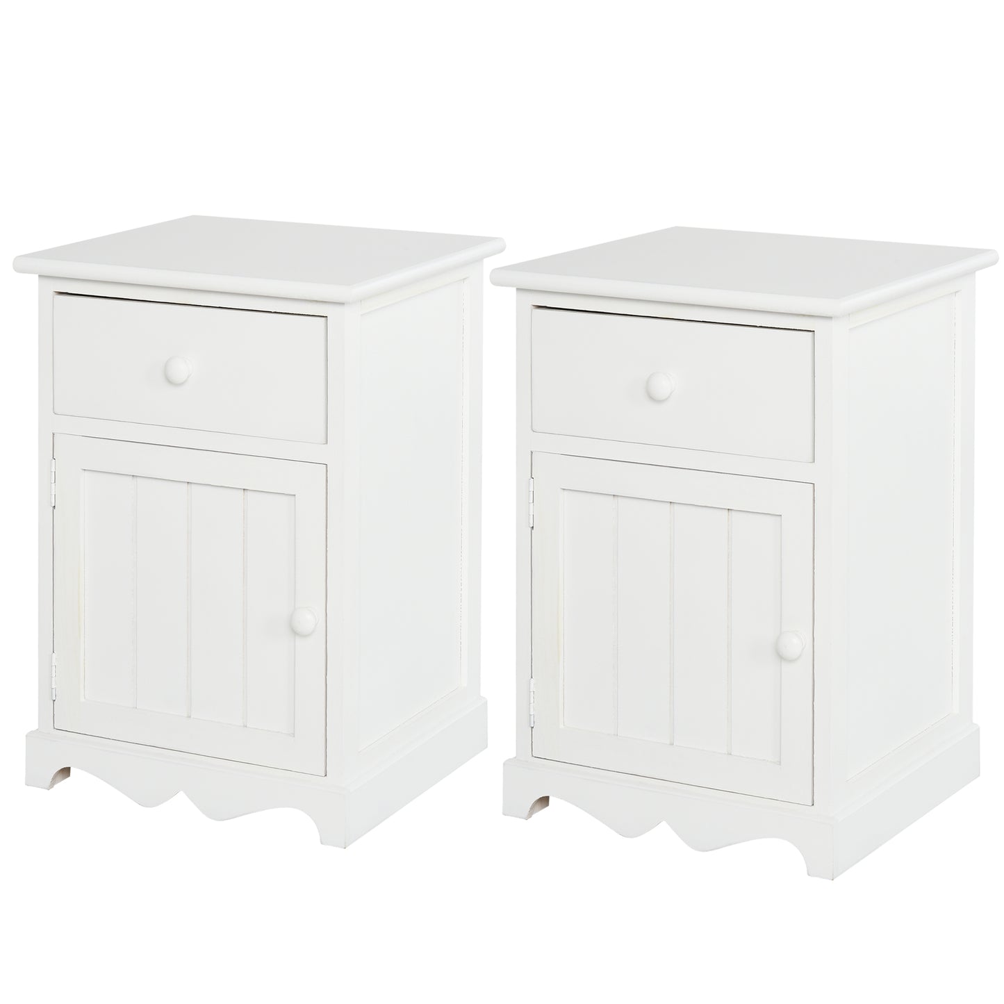 HOMCOM Curved Nightstand Duo: 2 Piece Set with 1 Drawer and 1 Cabinet Bedside Table, White Finish | Dipra Home