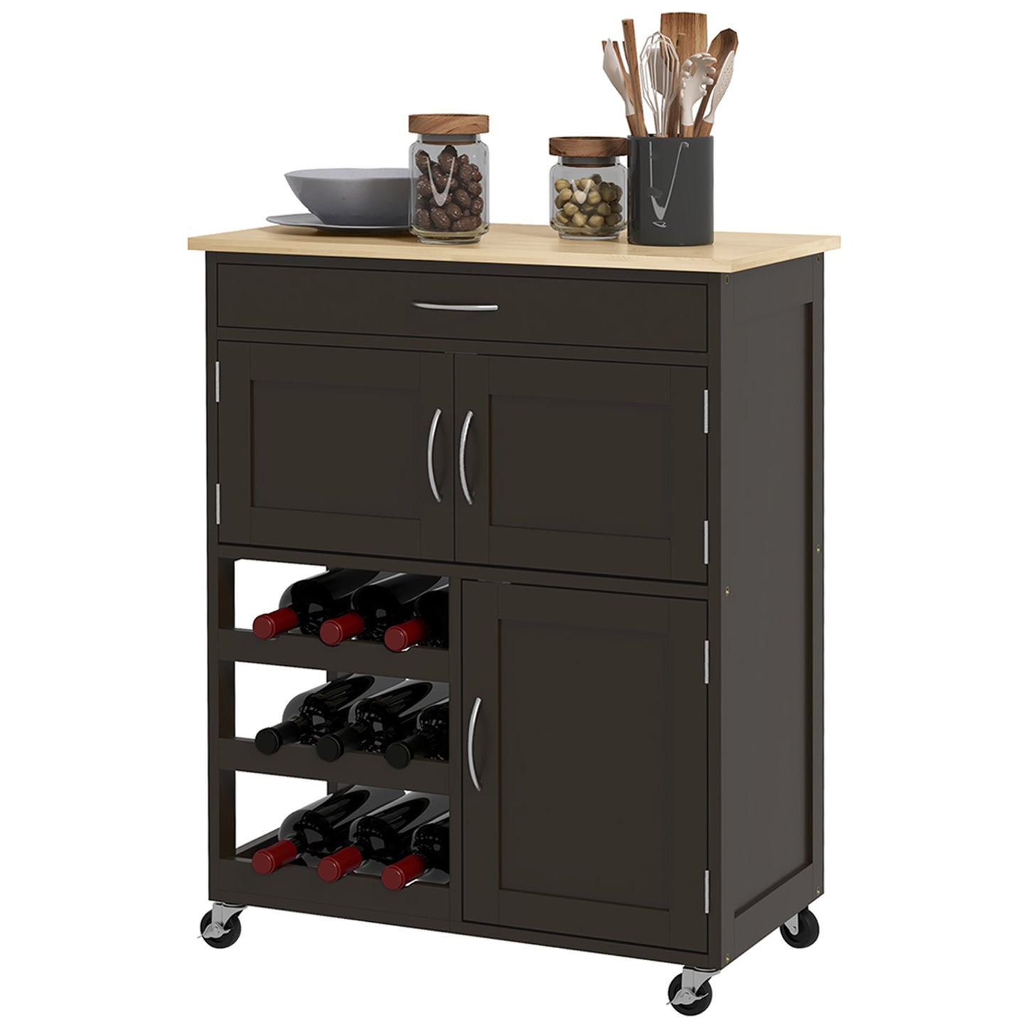 HOMCOM Kitchen Entertainer: Black Rolling Trolley with Storage Drawer, 9-Bottle Wine Rack Cabinet, Wooden Top | Dipra Home