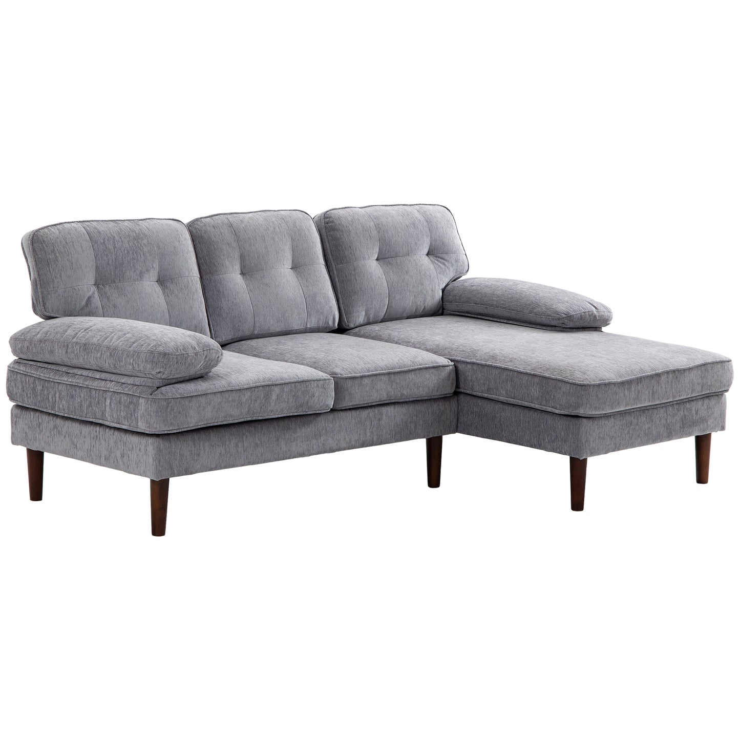 HOMCOM Modern Corner Couch with Right Chaise Lounge, Tufted 3-Seater Sofa with Wooden Legs for Living Room, Bedroom, Grey | Dipra Home