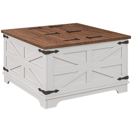 HOMCOM White Farmhouse Square Coffee Table: Tea Table with 2 Flip-Top Lids, Hidden Storage, Metal Hinges | Dipra Home