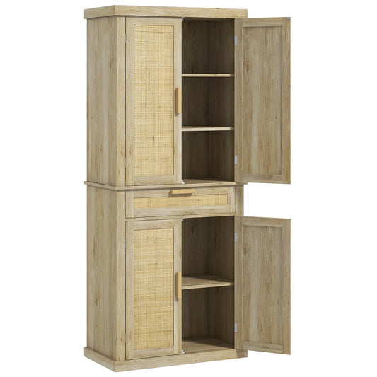 HOMCOM 72" Kitchen Storage Cabinet, Rattan Kitchen Pantry Cabinet with 4 Doors, Drawer, 5-Tier Shelf, Adjustable Shelves, Oak | Dipra Home