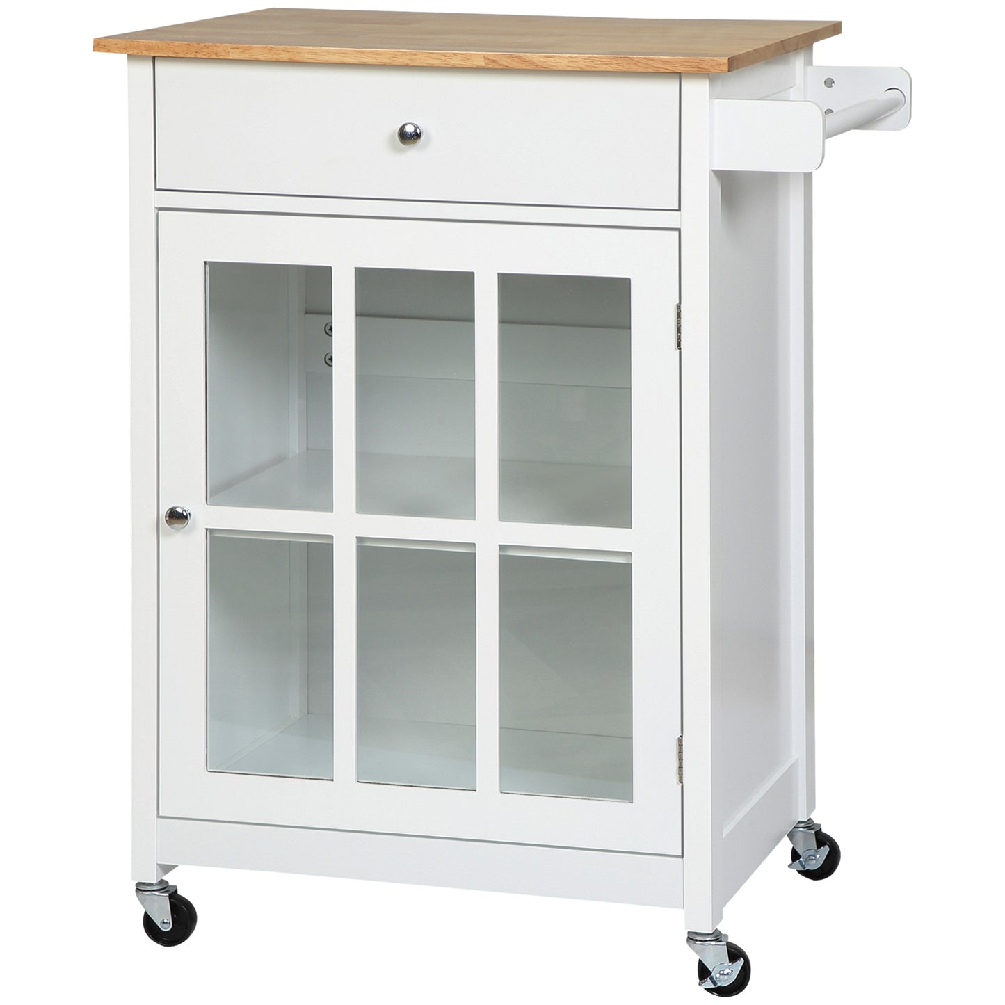 HOMCOM Kitchen Elegance: Rolling Cart Island with Drawer, Glass Door Cabinet, Towel Rack, White Finish | Dipra Home