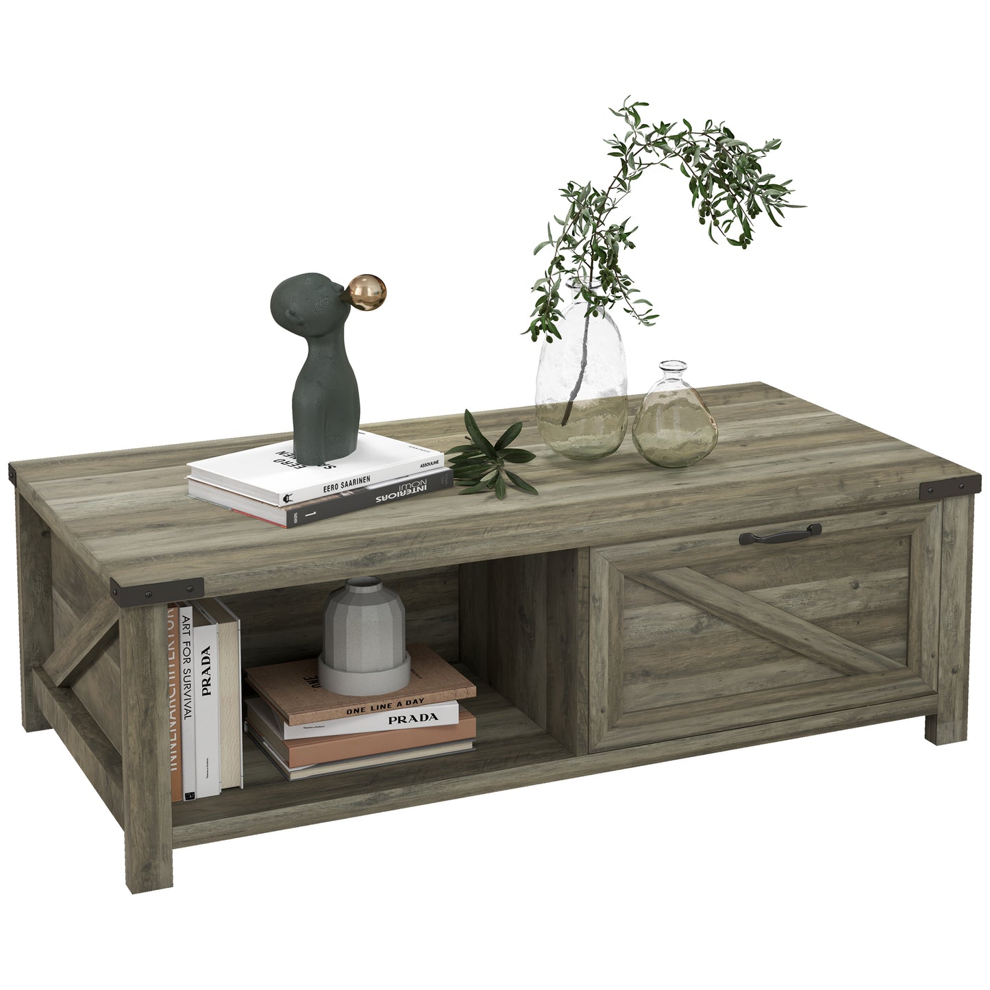 HOMCOM Farmhouse Coffee Table with Storage Shelf Drawer Rustic Center Table Living Room Grey | Dipra Home