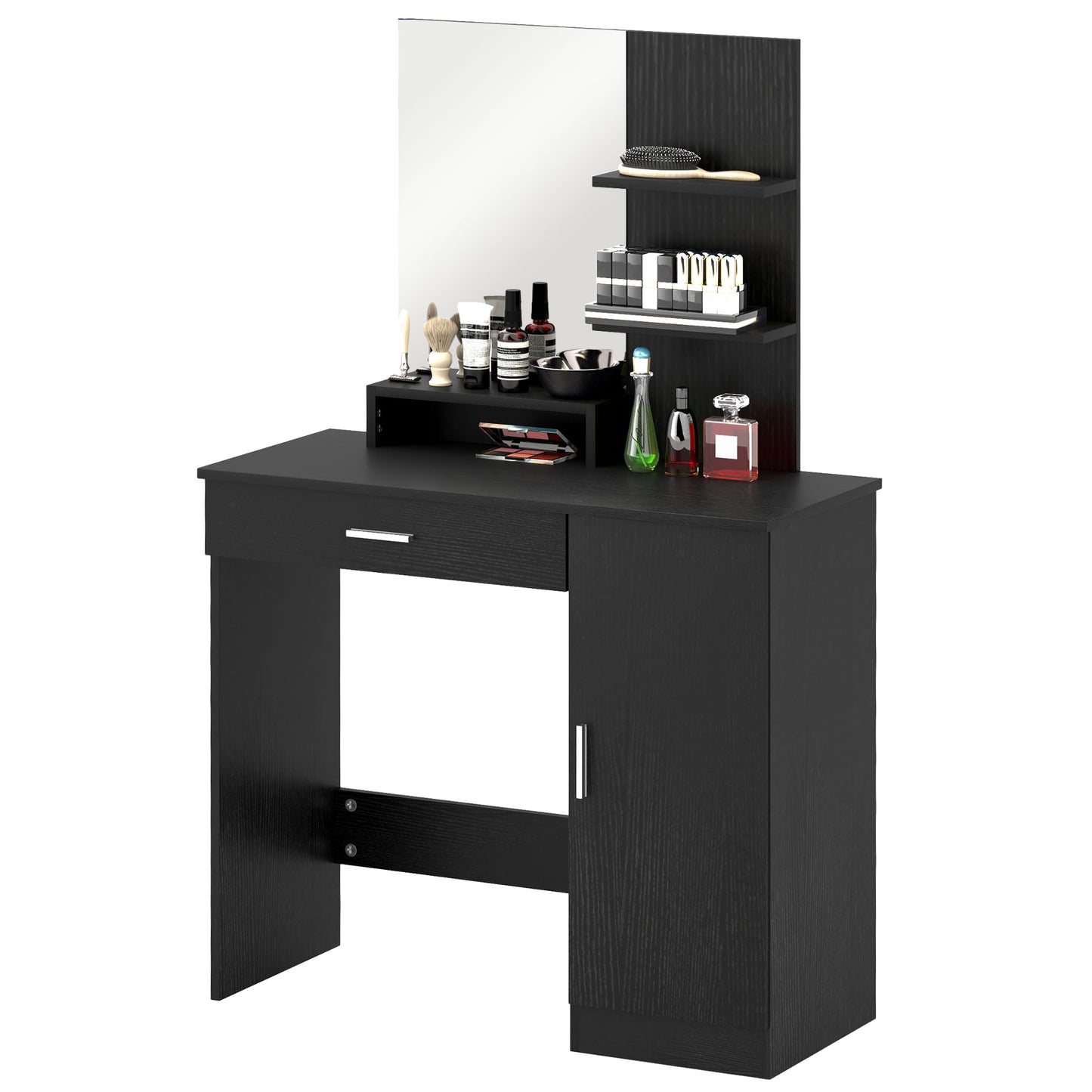 HOMCOM Dressing Table, Vanity Table with Mirror, Drawer and Storage Shelves for Bedroom, 35.4" x 15" x 54.3", Black | Dipra Home