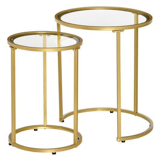 HOMCOM Glamorous Nesting Tables: Set of 2 Round Side Coffee Tables with Tempered Glass Top, Elegant Gold Metal Base | Dipra Home