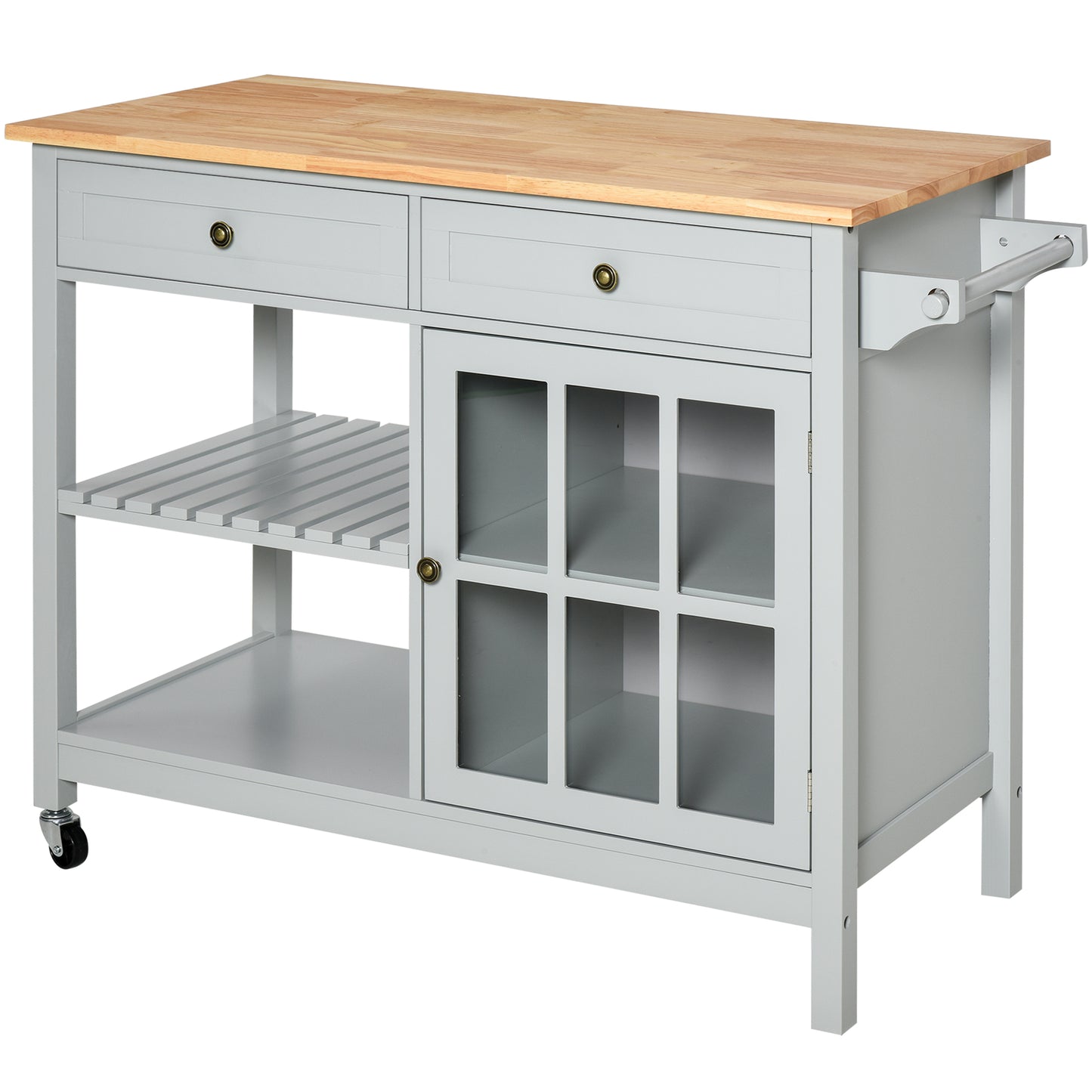 HOMCOM Grey Kitchen Utility Cart: Rolling Island with Rubber Wood Top, Towel Rack, Cabinets & Drawer Storage | Dipra Home