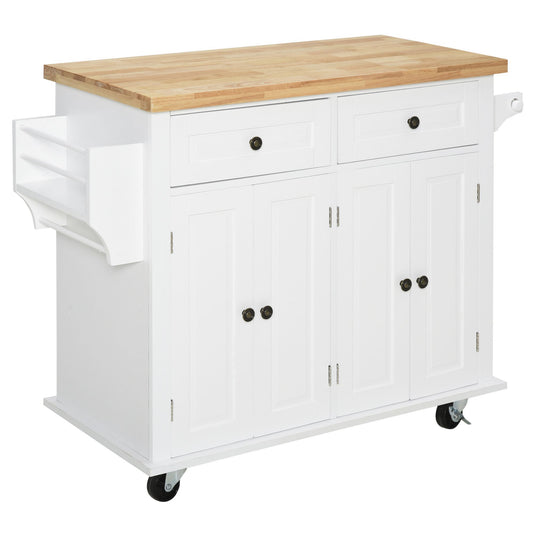 HOMCOM Pristine Pantry: Kitchen Island Trolley Cart Rolling Storage with Rubber Wood Top, Spice Rack, Towel Rack, White Finish | Dipra Home