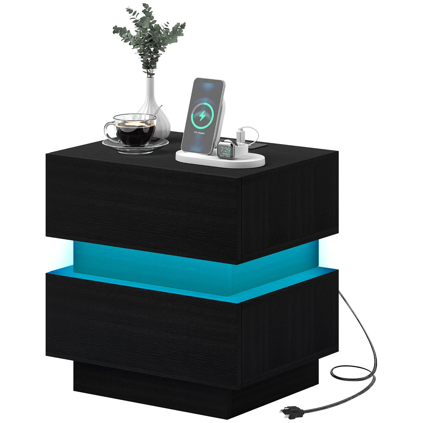 HOMCOM Bedside Table with Charging Station and LED Light Modern Nightstand with USB Ports AC Outlets Drawers Remote, Black | Dipra Home