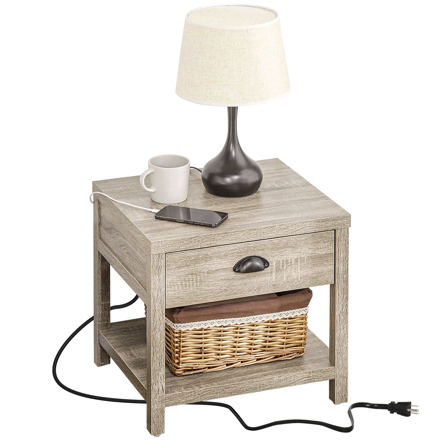 HOMCOM Oak Bedside Table: Charging Station, Drawer, Shelf, Modern Bedroom Furniture, 17.7"x15.7"x18.1" | Dipra Home