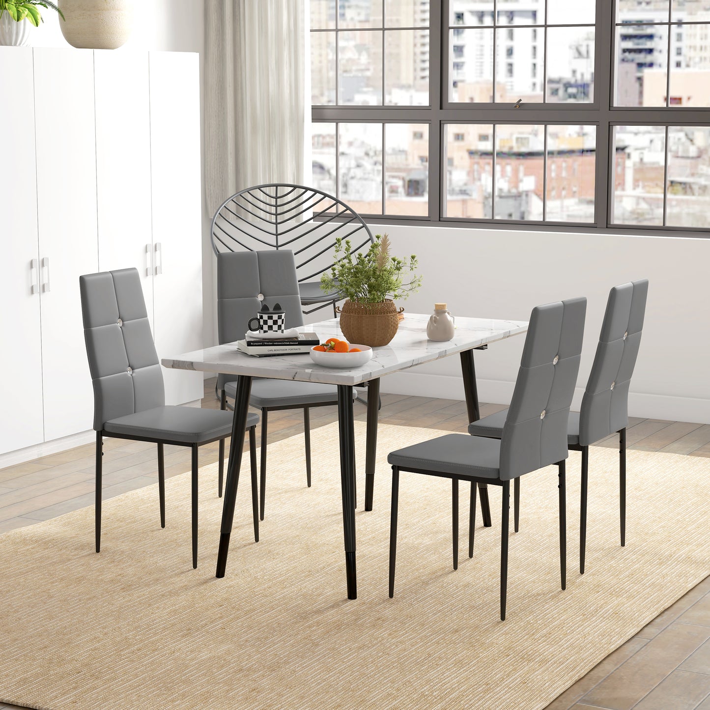 HOMCOM Set of 4 Modern Style Dining Chairs, Button Tufted High Back Side Chairs with Upholstered Seat, Steel Legs, Grey | Dipra Home