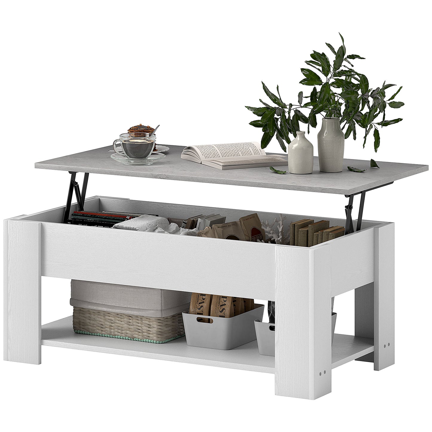 HOMCOM Lift Top Coffee Table with Hidden Storage Compartment and Open Shelf, Center Table for Living Room, White | Dipra Home