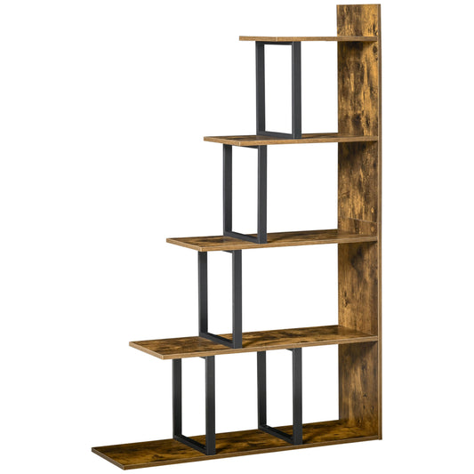 HOMCOM Rustic Ladder Chic: 5-Tier Industrial Wooden Bookshelf Display Stand Organizer, Rustic Brown for Living Room | Dipra Home