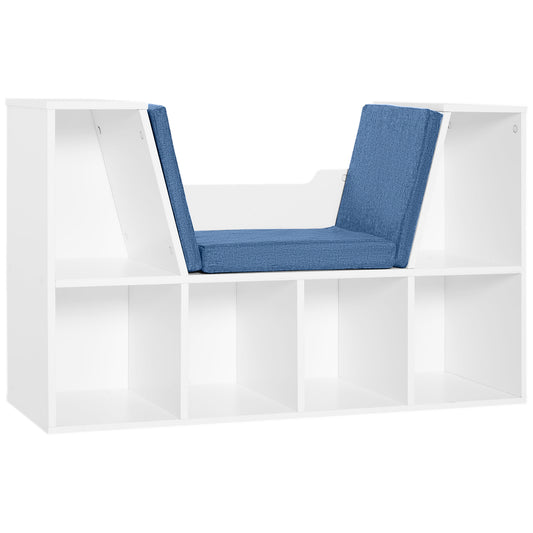 HOMCOM Kiddie Cubby Bliss: 6-Cubby Bookcase with Cushioned Reading Nook, Storage Organizer Cabinet Shelf in White & Blue | Dipra Home