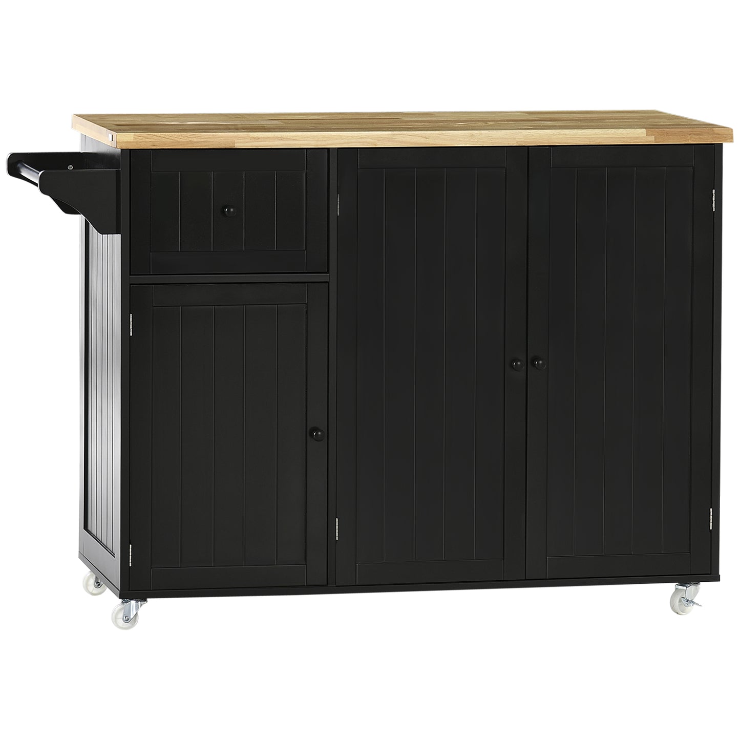 HOMCOM Utility Kitchen Sidekick: Rubber Wood Top Serving Cart with Towel Rack, Storage Shelves, Black Rolling Island on Wheels | Dipra Home