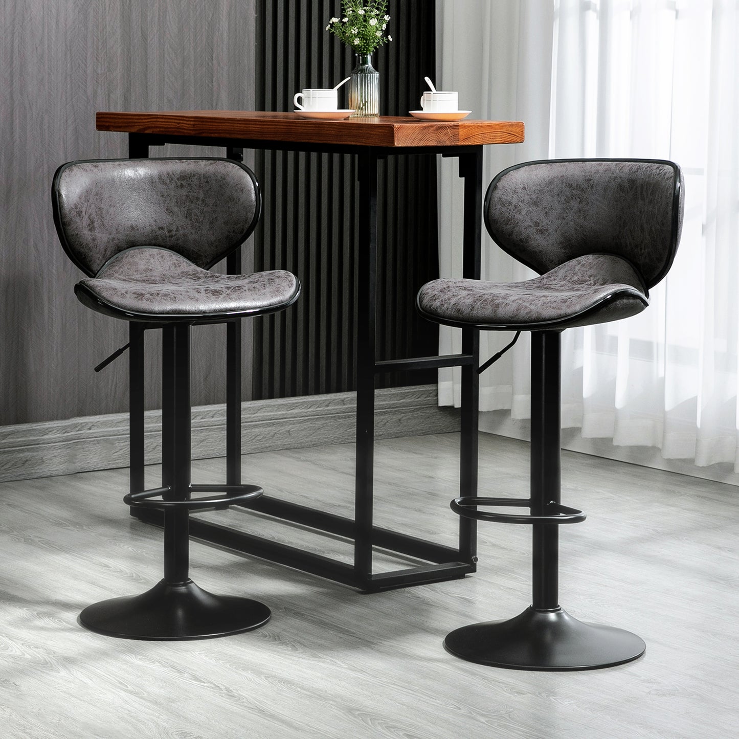 HOMCOM Vintage Swivel Bar Stools: Adjustable Height Set of 2, Dark Grey Microfiber Cloth Armless Chairs with Swivel Seat | Dipra Home