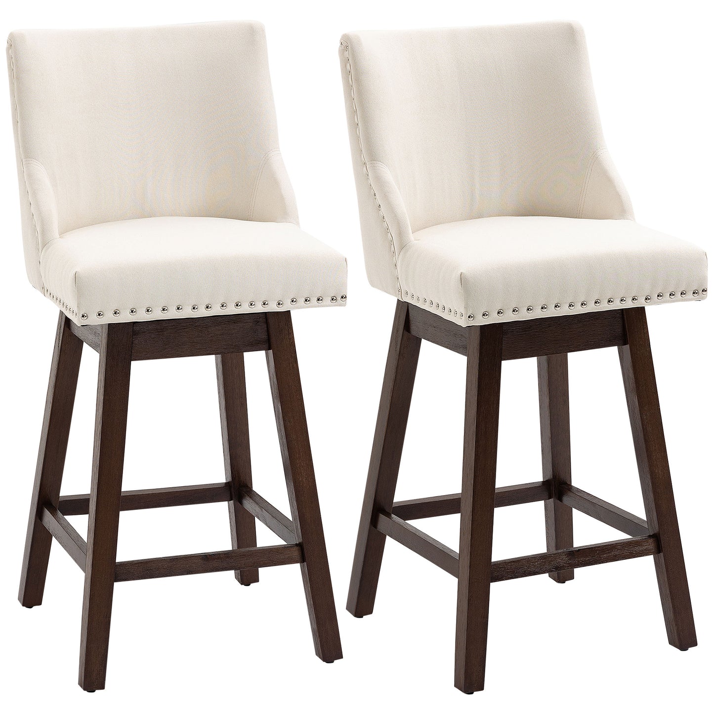 HOMCOM Swivel Bar stool Set of 2 Armless Upholstered Bar Chairs with Nailhead-Trim, Wood Legs, Cream White | Dipra Home