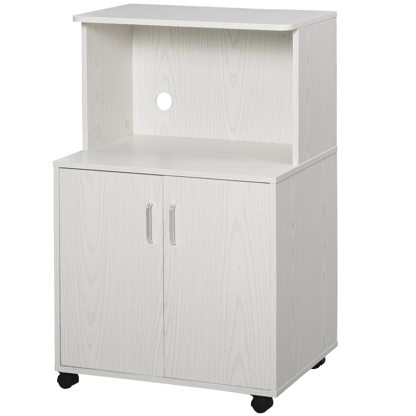 HOMCOM Rolling Kitchen Cart: Microwave Utility Trolley with Storage Cabinet & Sideboard, White Oak Finish | Dipra Home