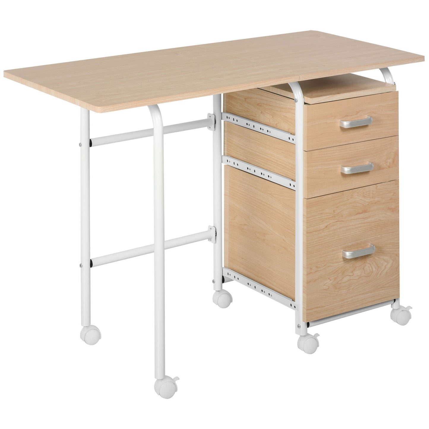 HOMCOM Foldable Desk: Drawers, Storage Shelf, Home Office Workstation, 6 Wheels, Space Saving | Dipra Home