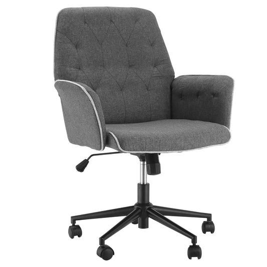 HOMCOM Mid-Back Office Chair Fabric Study Chair Tufted Desk Chair with Swivel Wheels Adjustable Height Grey | Dipra Home