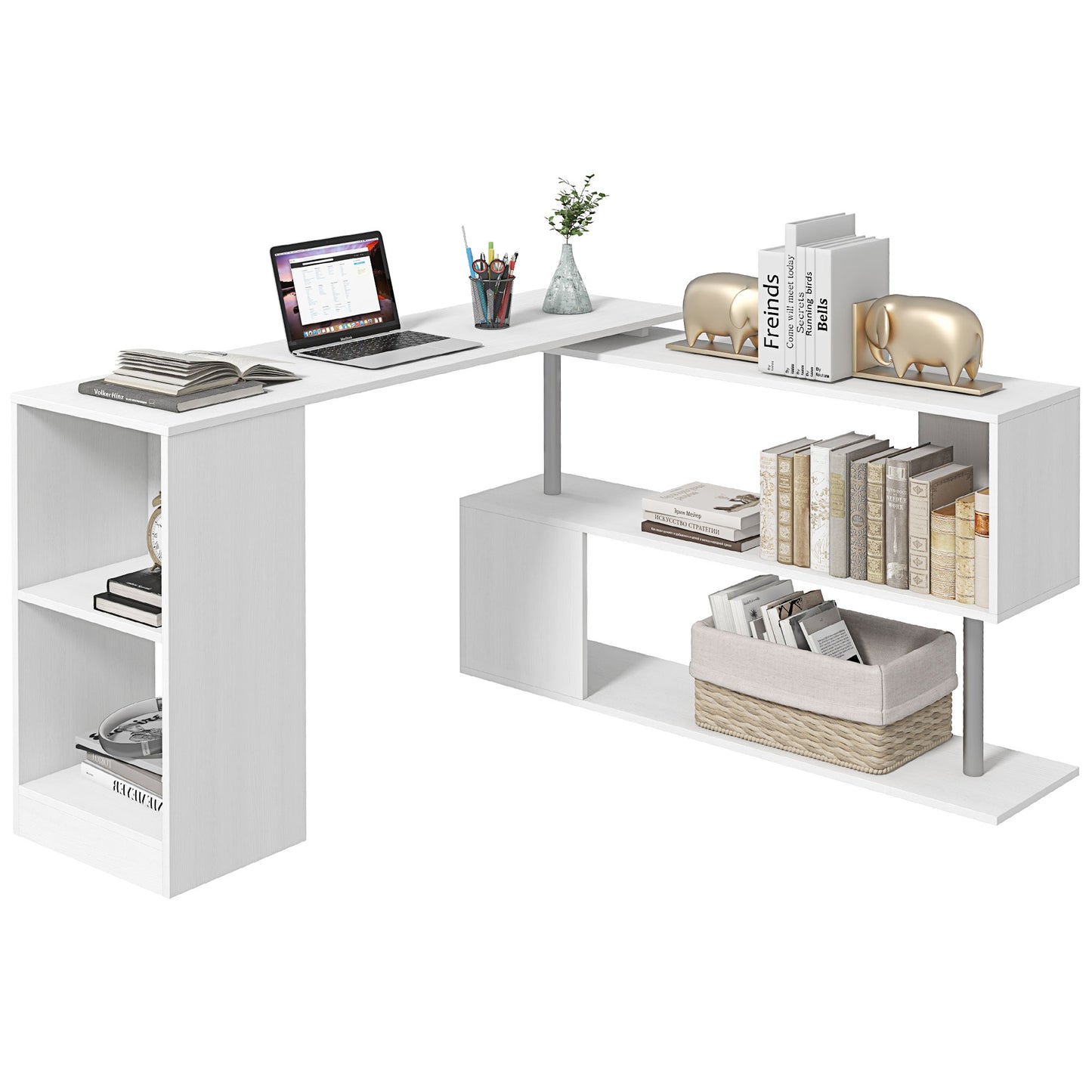 HOMCOM L-Shaped Desk 55", 360° Rotating Corner Workstation, 3-Tier Shelves, Bookshelf, White | Dipra Home