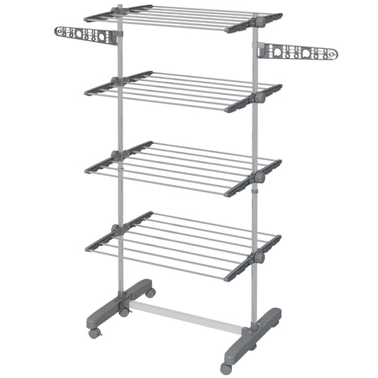 HOMCOM Laundry Rack Drying 4-Tier Stainless Steel Foldable Clothes Airer with Side Wings 6 Castors Grey | Dipra Home