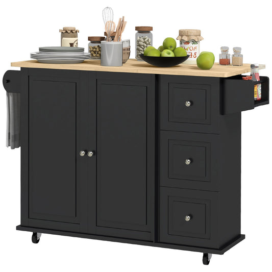 HOMCOM Mobile Kitchen Island: On Wheels, Drop Leaf, Drawers, Natural Wood Top, Storage Cart | Dipra Home