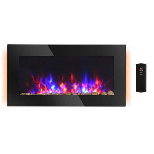 HOMCOM 36" Wall-Mounted Electric Fireplace, 750/1500W Fireplace Heater with Flame Effect, 7 Color Background Light and LED Side Light | Dipra Home