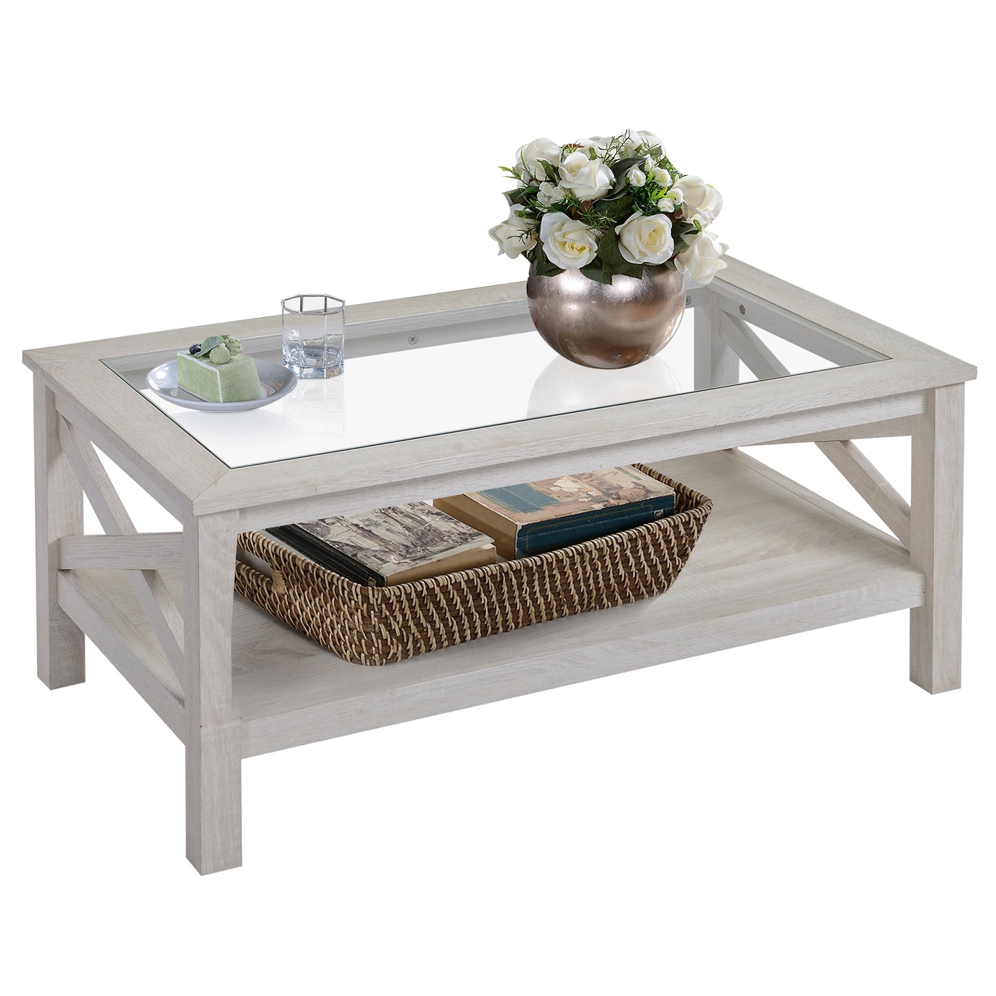 HOMCOM Farmhouse Glass Top Coffee Table: 2-Tier Center Table with Bottom Storage Shelf for Living Room, Bedroom | Dipra Home