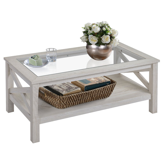 HOMCOM Farmhouse Glass Top Coffee Table: 2-Tier Center Table with Bottom Storage Shelf for Living Room, Bedroom | Dipra Home