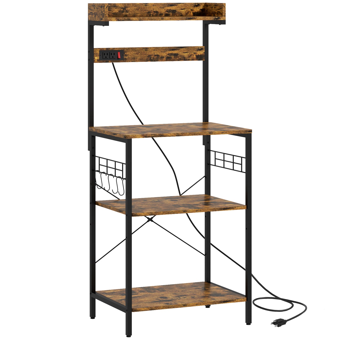 HOMCOM Baker's Rack with Power Outlet Coffee Bar Station Adjustable Shelves Hooks Rustic Brown Metal Wood | Dipra Home