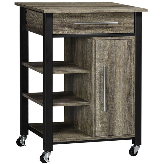 HOMCOM Dining Room Organizer: Utility Kitchen Trolley Cart with Storage Shelves, Drawer, Dark Oak Finish, Rolling | Dipra Home