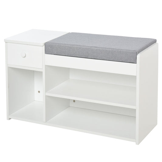 HOMCOM Entryway Shoe Oasis: Storage Bench with Drawer, Padded Cushion, 3 Compartments for Hallway, White Finish | Dipra Home