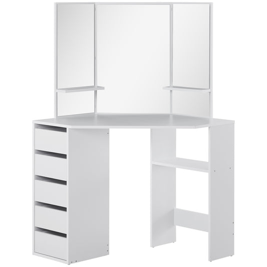 HOMCOM Small Dressing Table Corner Vanity Desk with Drawers and Mirror, White | Dipra Home