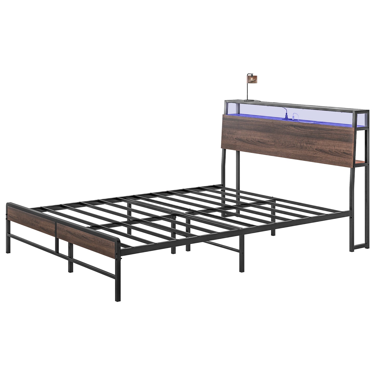 HOMCOM Queen Size Bed Frame with LED Lights and Charging Station, Queen Bed Frame with Storage Headboard, Noise-Free, Walnut | Dipra Home