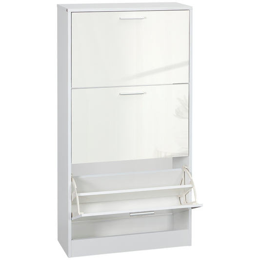 HOMCOM Slim High Gloss White Shoe Storage Cabinet 3 Flip Drawers Adjustable Shelves Organizer for 15 Pairs | Dipra Home