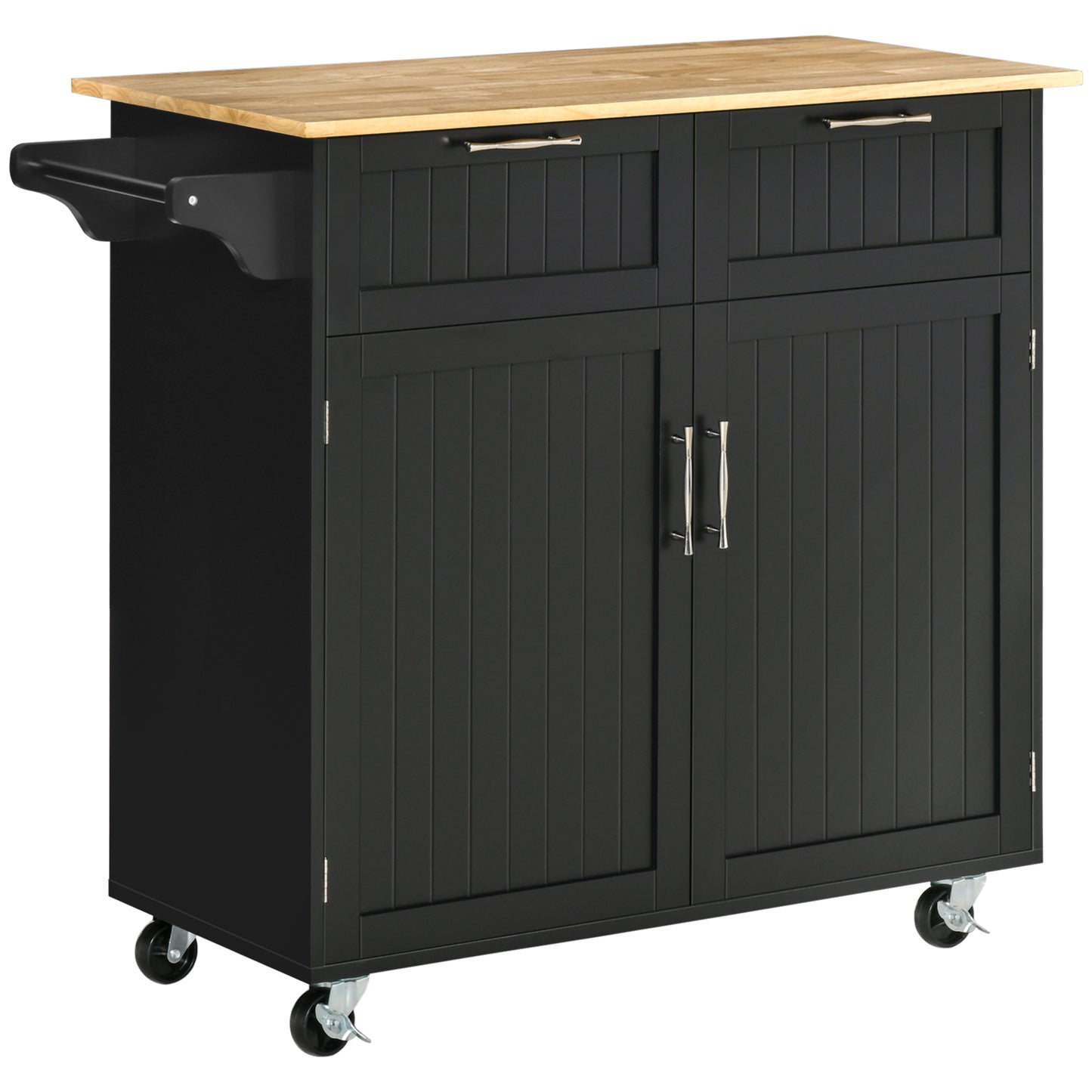 HOMCOM Mobile Kitchen Maestro: Rubber Wood Top Cart with Storage Drawers, Towel Rack, Black Cabinet | Dipra Home